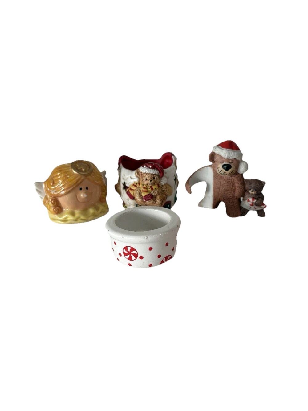Vintage Christmas Candle Holder Lot Bear Hugger Angel Teddy Votive Decor